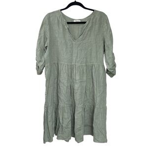 BELLAMBRA Italy Linen Tiered Mini Dress Green S